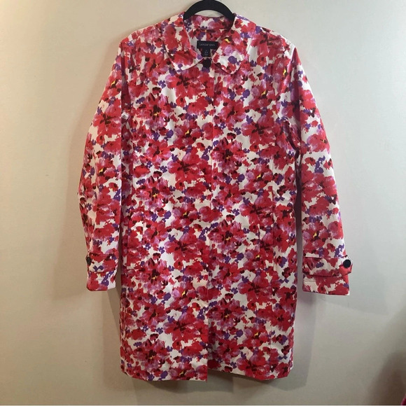 LANDS’ END Sz L Floral Buttoned Pockets Lined Knee Length Raincoat Trenchcoat - Picture 3 of 14